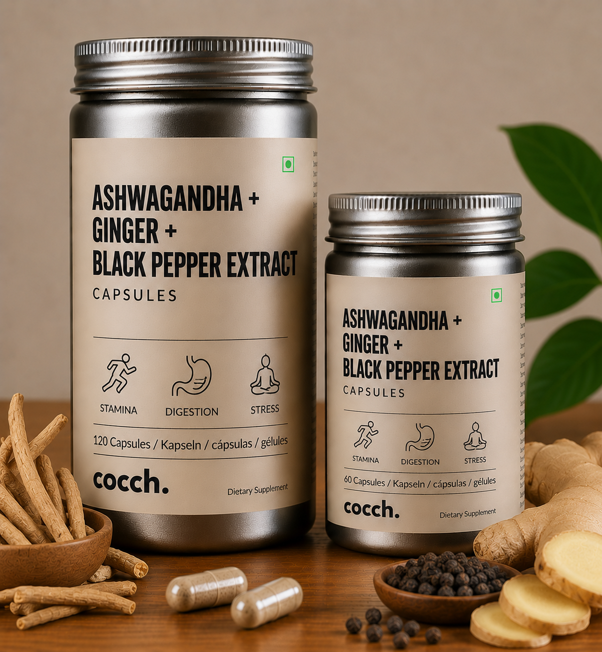 Ashwagandha + Ginger + Black Pepper Extract Capsules